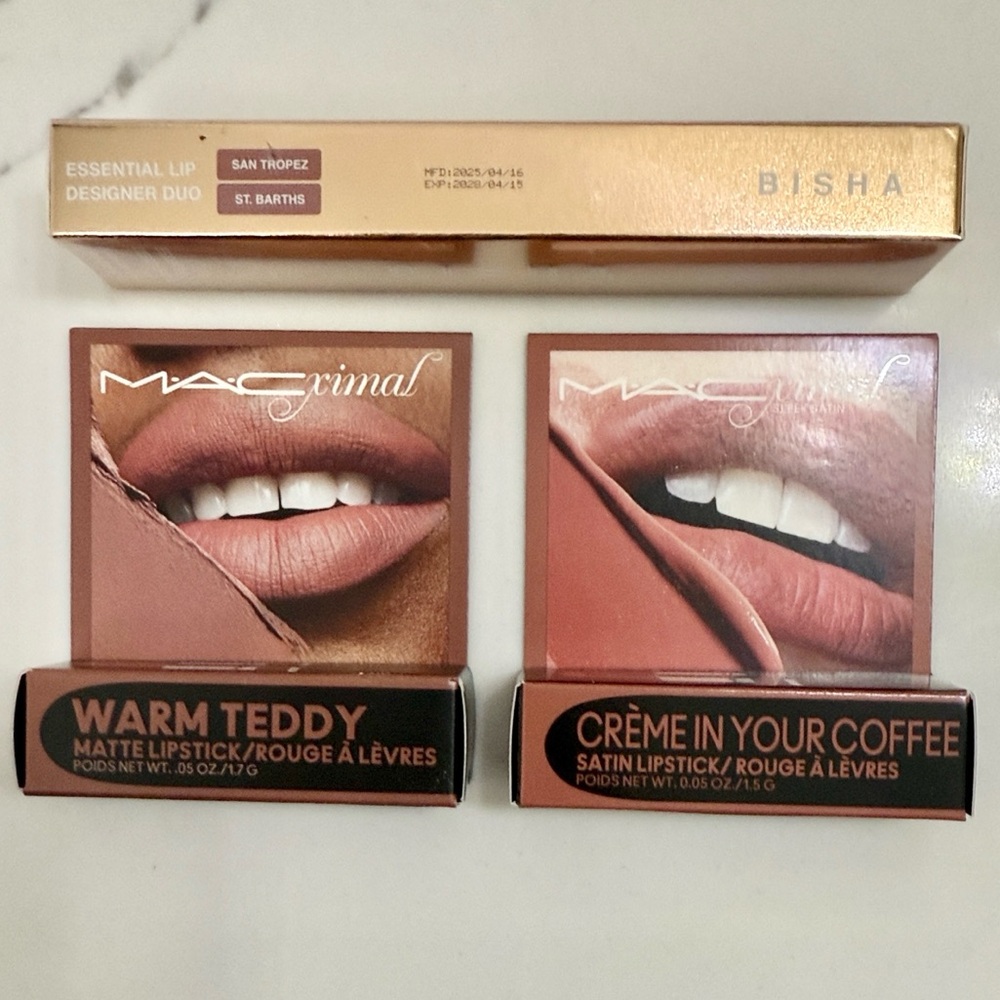 2 MAC mini lipsticks Warm Teddy & Crème in Your Coffee + Bisha Set of 2 Lipliner